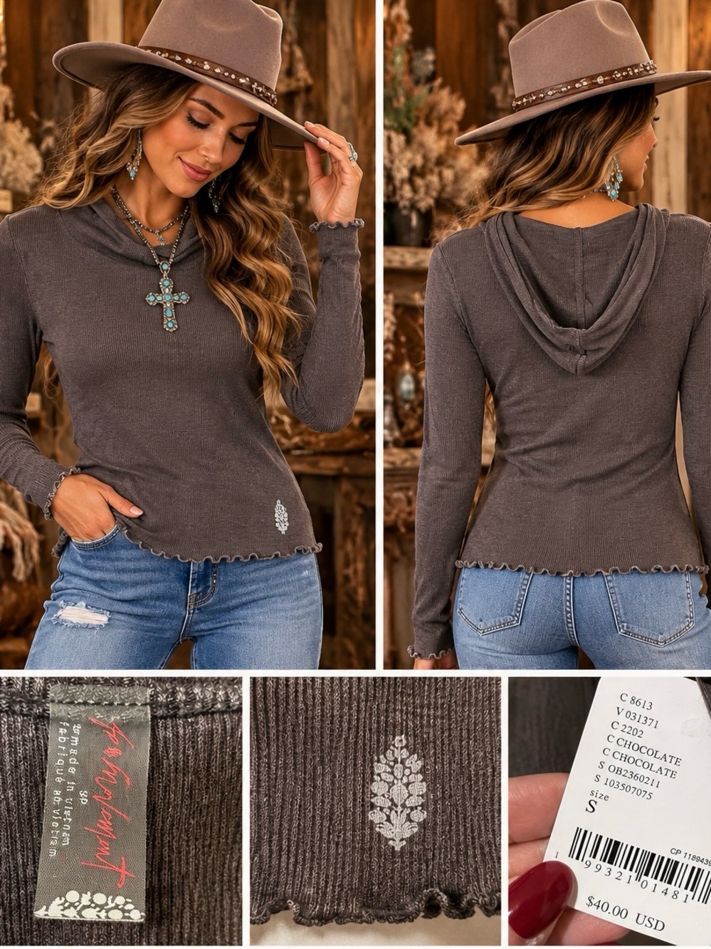 Free People Chocolate Brown Ribbed Hooded Top Size S NWT Y2K Boho